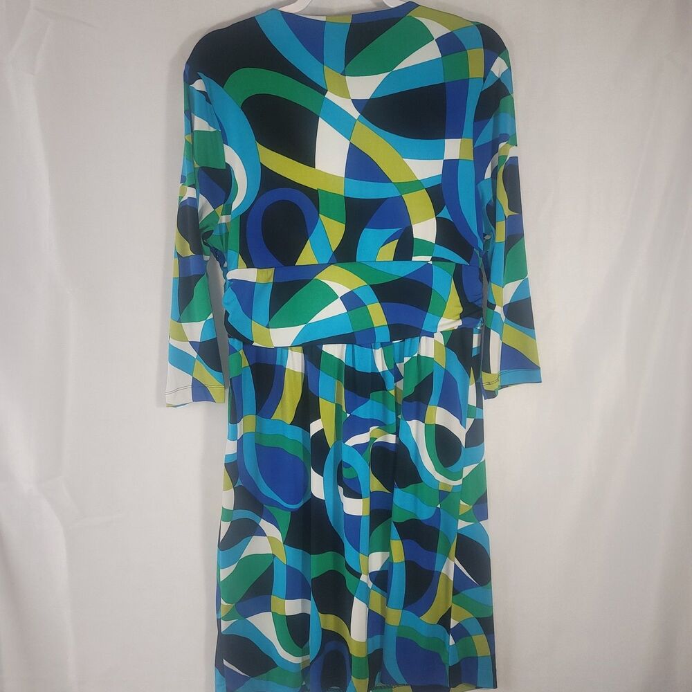Chaus New York Geometric Faux Wrap Dress Large Blue Green 3/4 Sleeve Lined - Picture 9 of 10